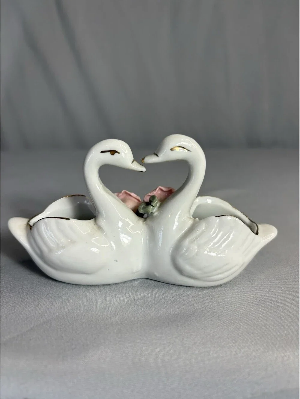 Vintage Double Swan Ceramic Bud Vase Planter Pink Roses Gold Trim Romantic Decor